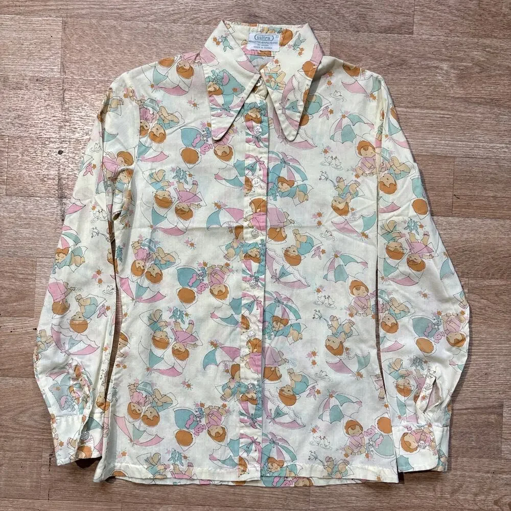 vintage 70s women’s SULTRA Umbrella Kids Novelty Print Button shirt size 32 - Picture 2 of 9